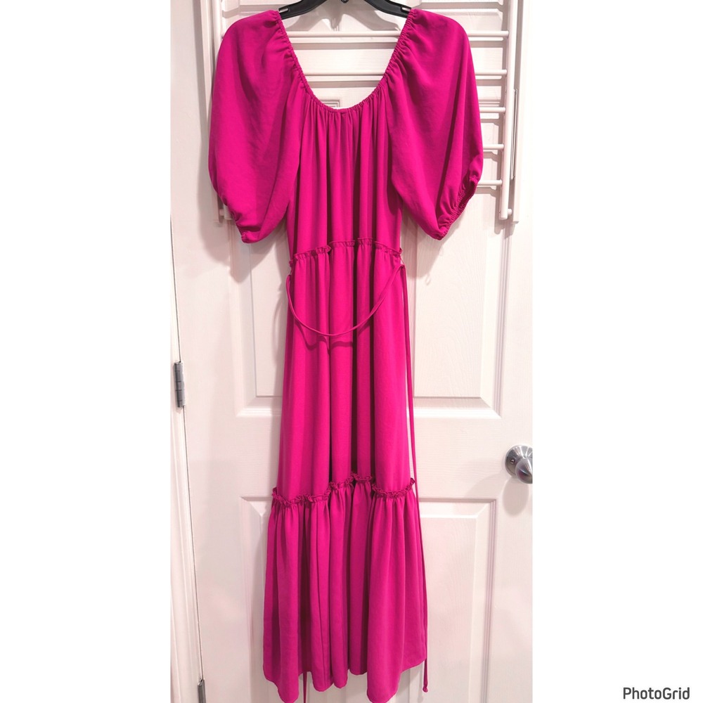 Karen Kane Fuchsia Pink Tiered Maxi Peasant Dress Boho Barbiecore Xsmall - Picture 4 of 4